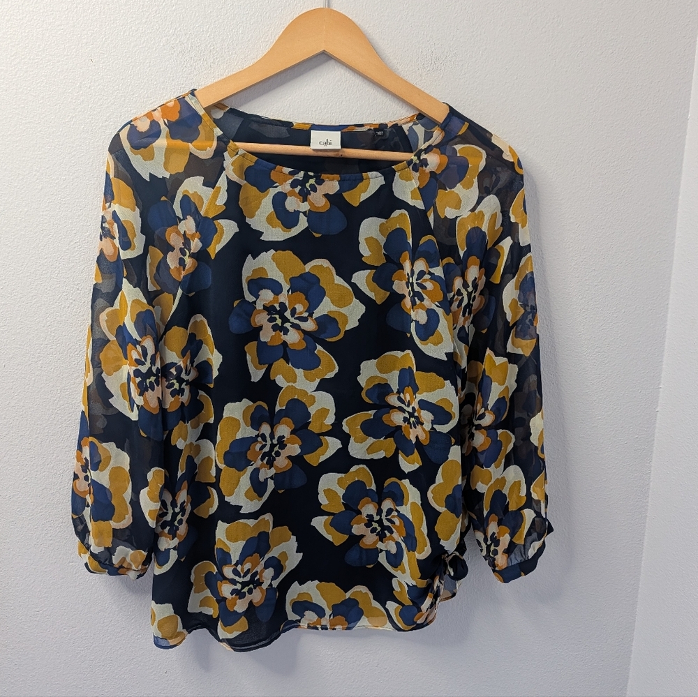 CAbi Floral Semi Sheer Blouse Navy Mustard Lined Women’s Size M‎